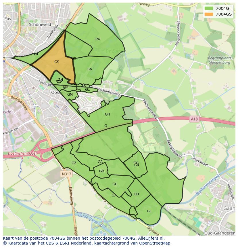 Afbeelding van het postcodegebied 7004 GS op de kaart.