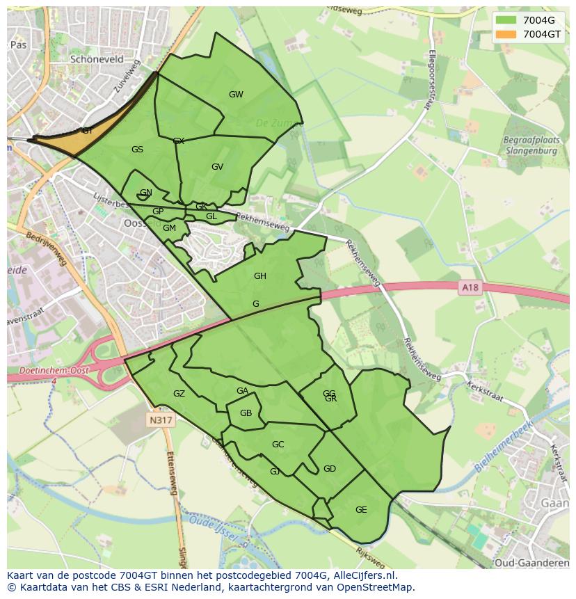 Afbeelding van het postcodegebied 7004 GT op de kaart.