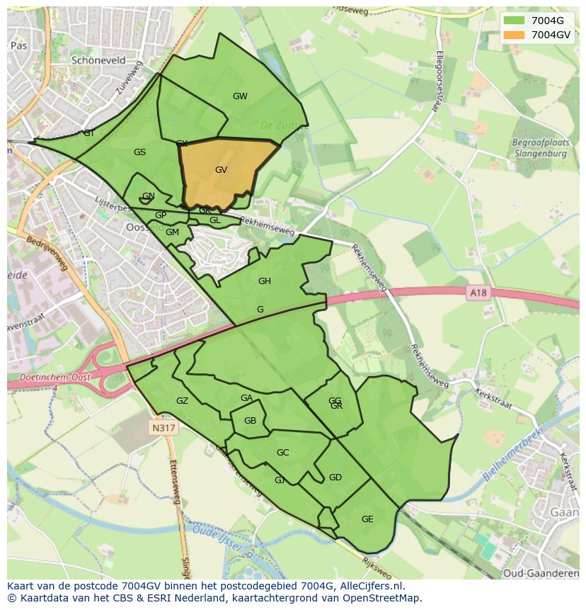 Afbeelding van het postcodegebied 7004 GV op de kaart.