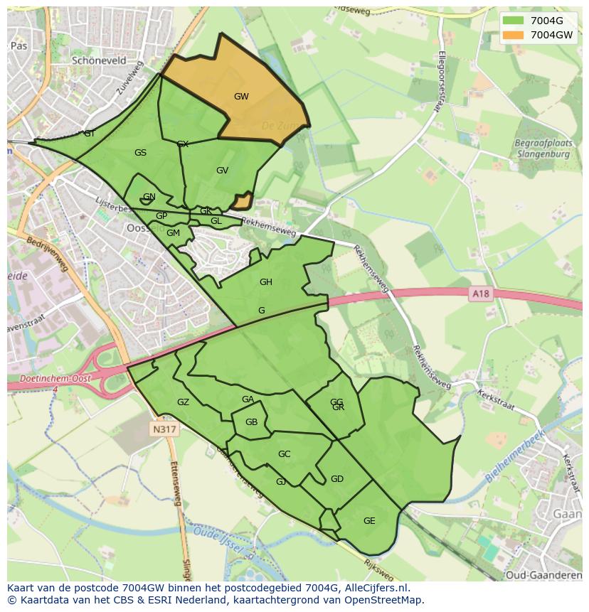 Afbeelding van het postcodegebied 7004 GW op de kaart.