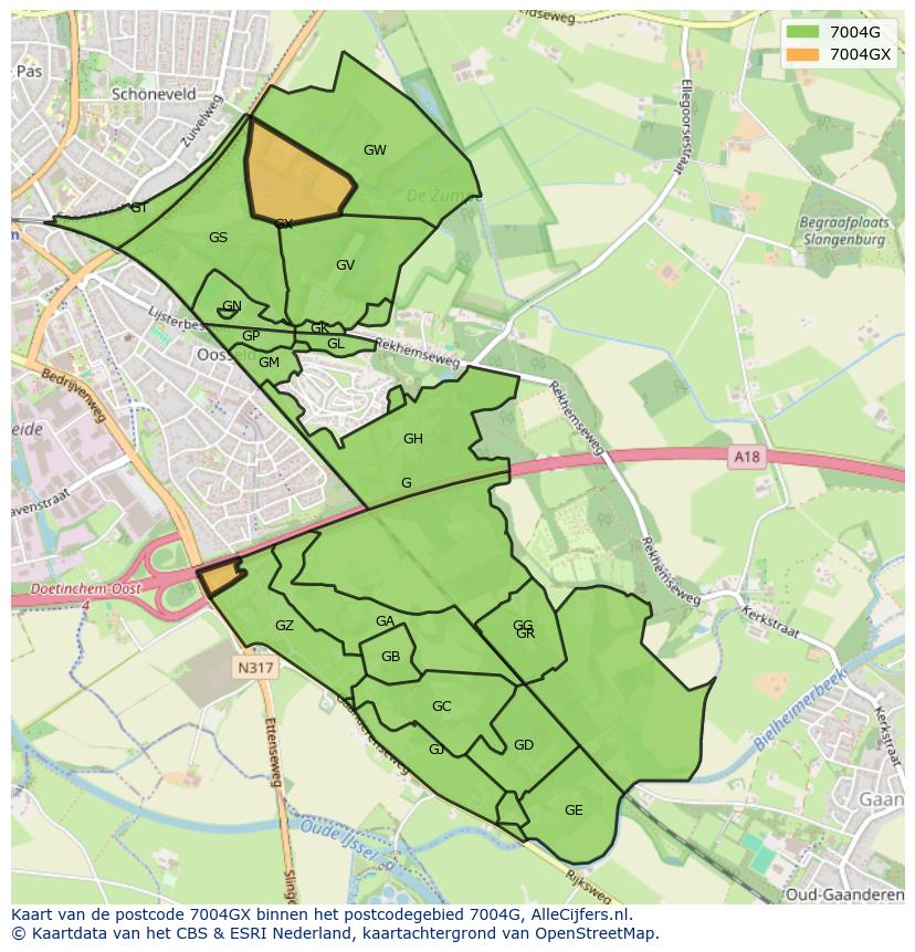 Afbeelding van het postcodegebied 7004 GX op de kaart.