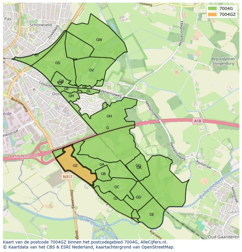Afbeelding van het postcodegebied 7004 GZ op de kaart.