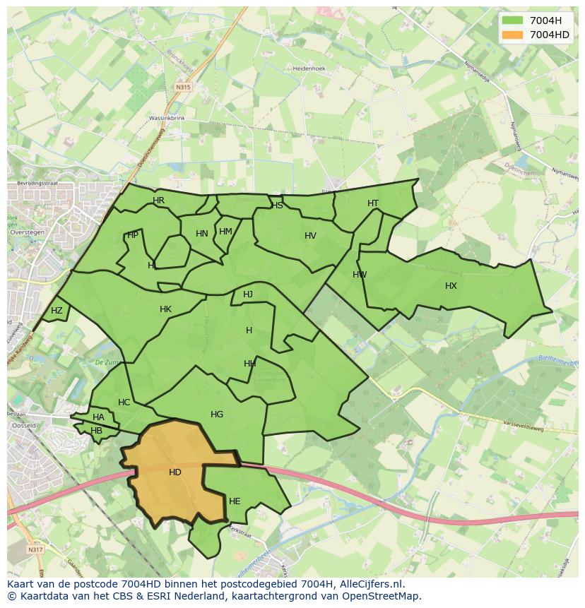 Afbeelding van het postcodegebied 7004 HD op de kaart.