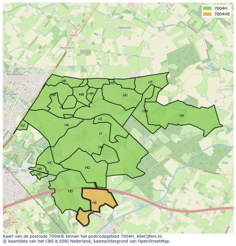 Afbeelding van het postcodegebied 7004 HE op de kaart.