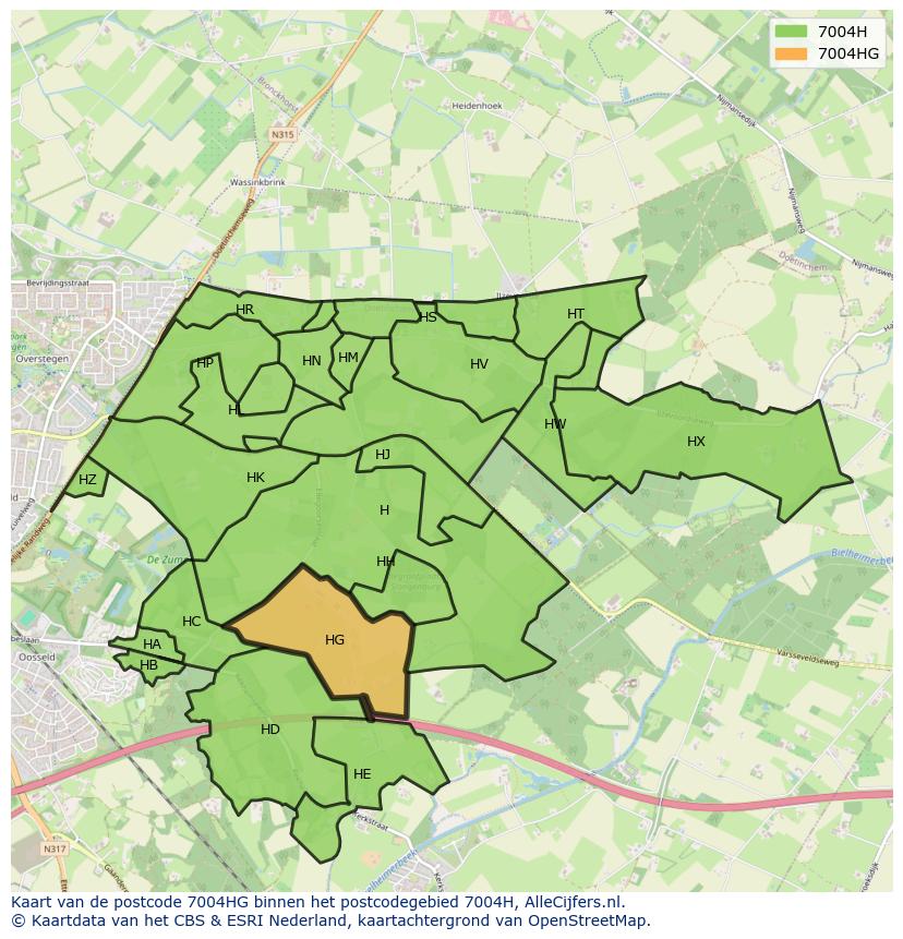 Afbeelding van het postcodegebied 7004 HG op de kaart.