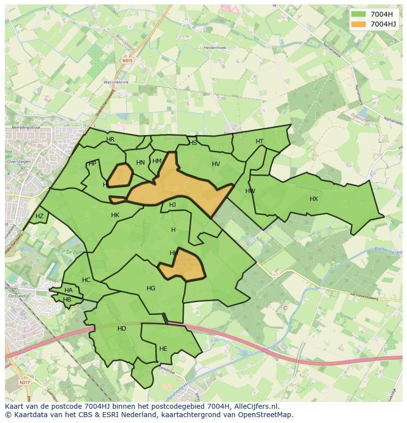 Afbeelding van het postcodegebied 7004 HJ op de kaart.
