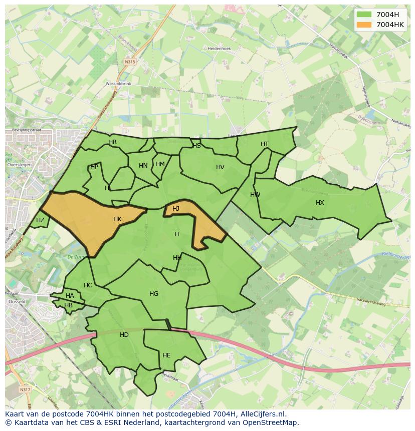 Afbeelding van het postcodegebied 7004 HK op de kaart.
