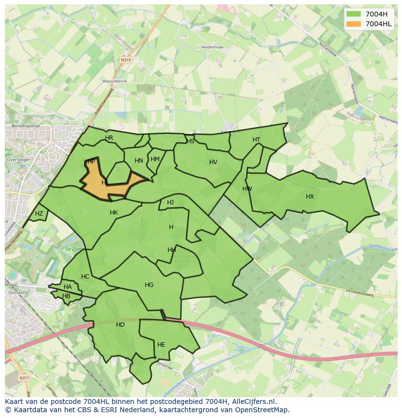 Afbeelding van het postcodegebied 7004 HL op de kaart.