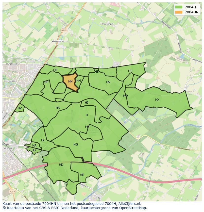 Afbeelding van het postcodegebied 7004 HN op de kaart.
