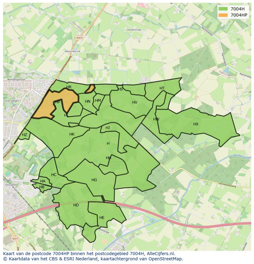 Afbeelding van het postcodegebied 7004 HP op de kaart.