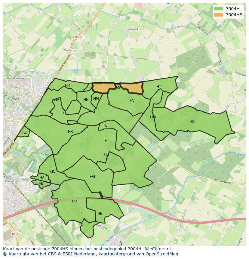 Afbeelding van het postcodegebied 7004 HS op de kaart.