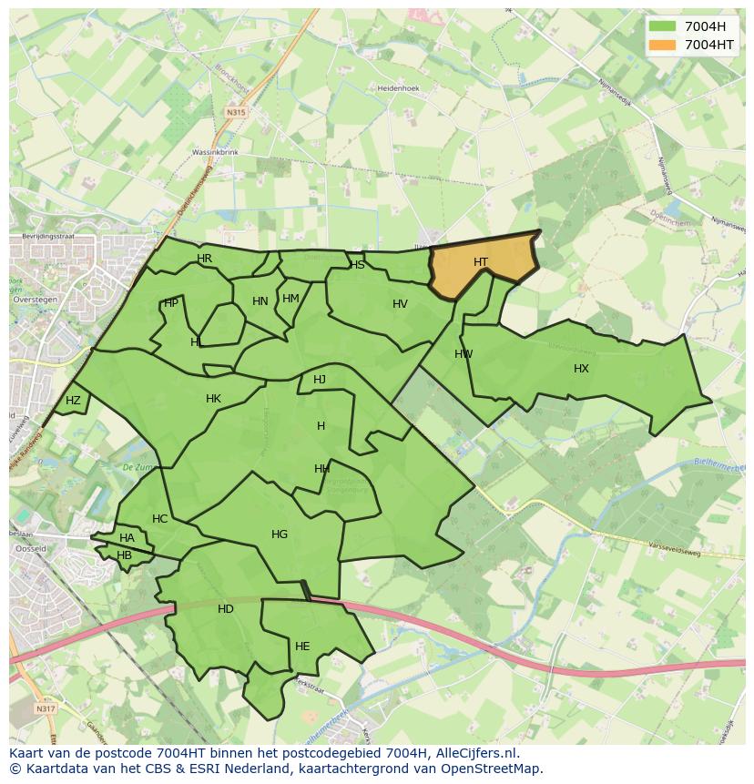 Afbeelding van het postcodegebied 7004 HT op de kaart.