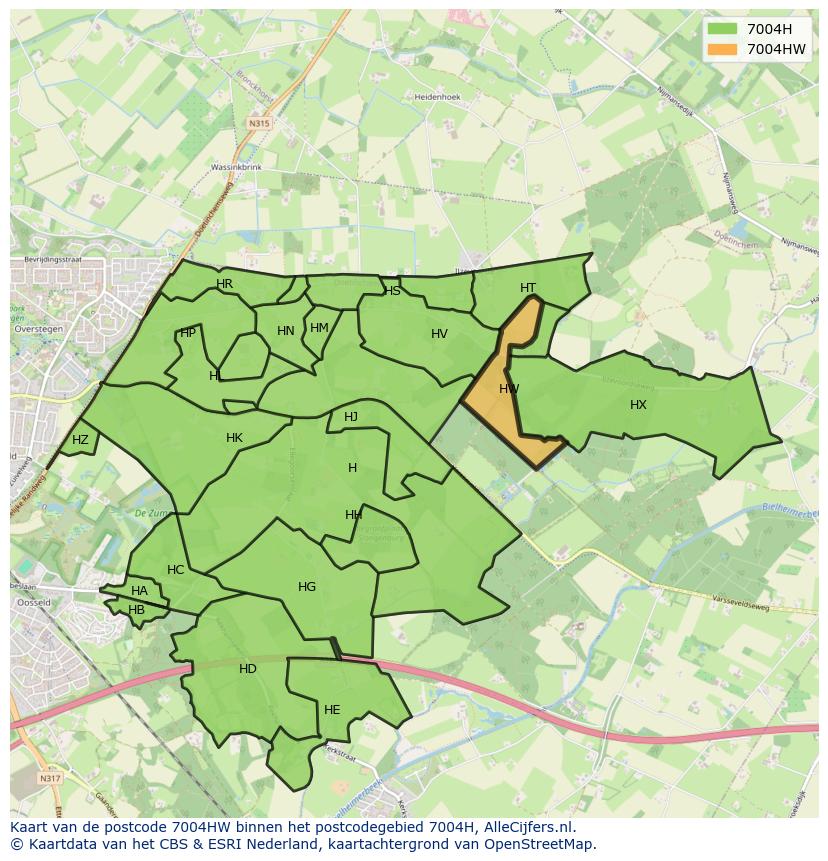 Afbeelding van het postcodegebied 7004 HW op de kaart.