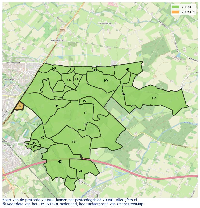 Afbeelding van het postcodegebied 7004 HZ op de kaart.
