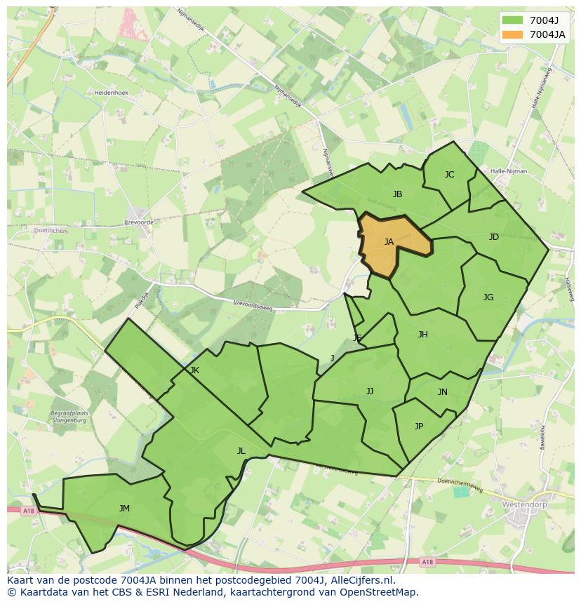 Afbeelding van het postcodegebied 7004 JA op de kaart.