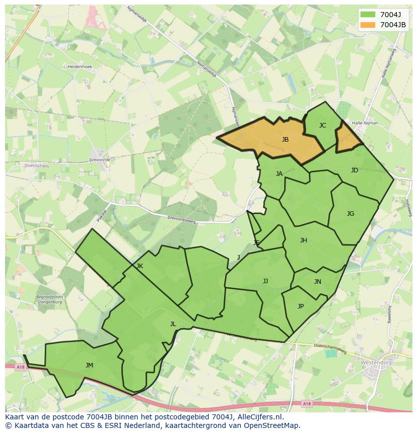 Afbeelding van het postcodegebied 7004 JB op de kaart.