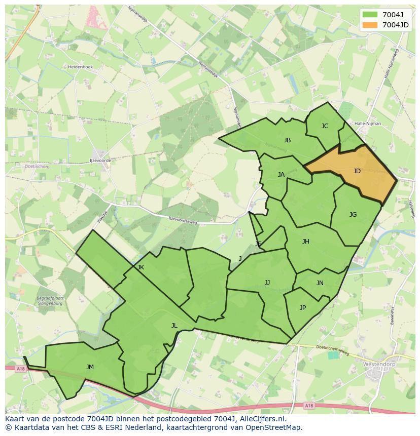 Afbeelding van het postcodegebied 7004 JD op de kaart.