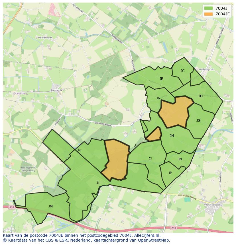 Afbeelding van het postcodegebied 7004 JE op de kaart.