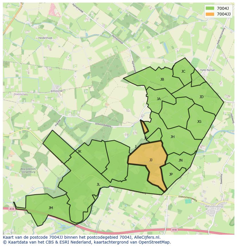 Afbeelding van het postcodegebied 7004 JJ op de kaart.