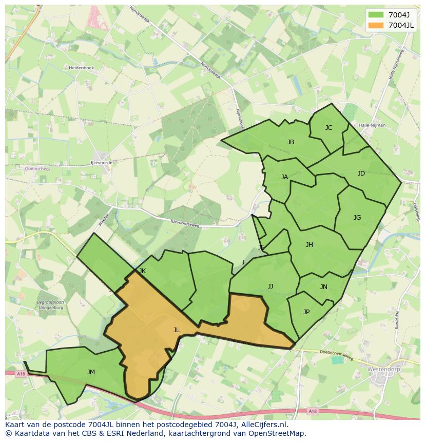 Afbeelding van het postcodegebied 7004 JL op de kaart.
