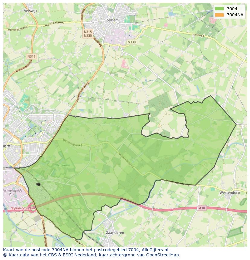 Afbeelding van het postcodegebied 7004 NA op de kaart.