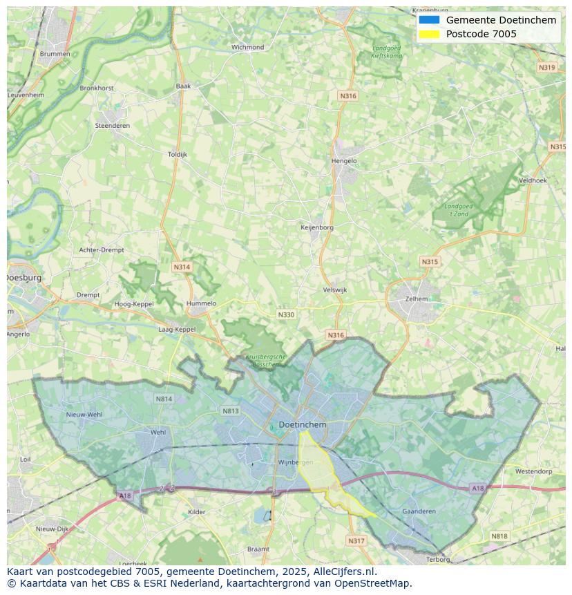Afbeelding van het postcodegebied 7005 op de kaart.
