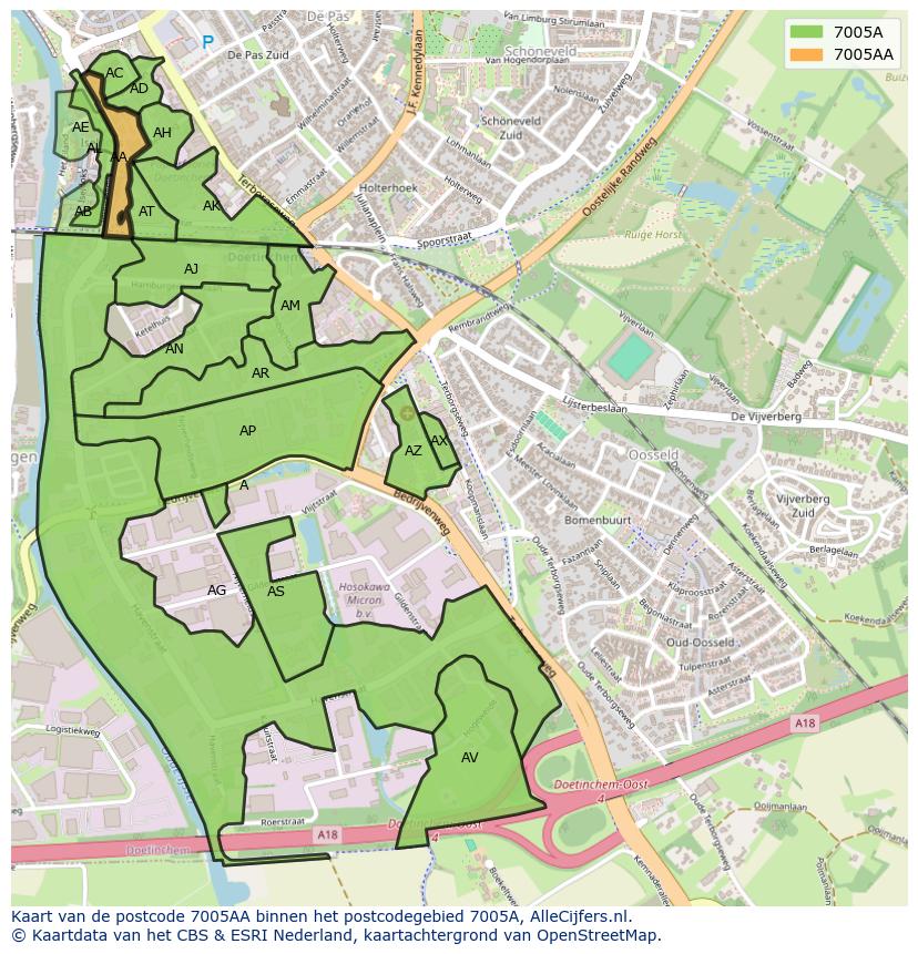 Afbeelding van het postcodegebied 7005 AA op de kaart.