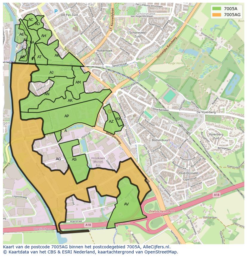 Afbeelding van het postcodegebied 7005 AG op de kaart.