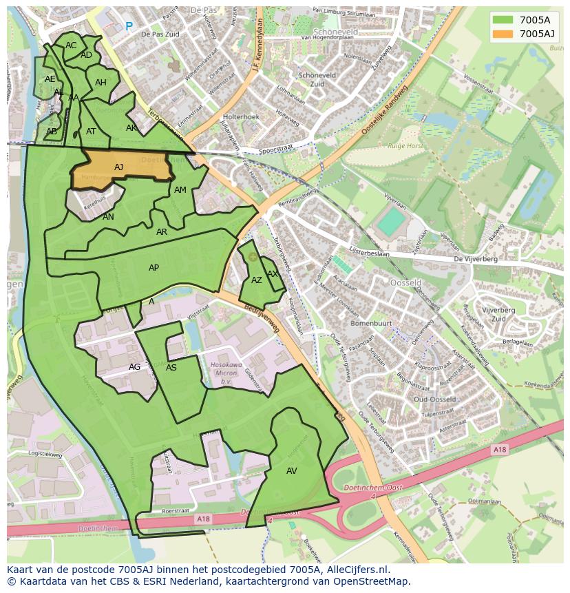 Afbeelding van het postcodegebied 7005 AJ op de kaart.