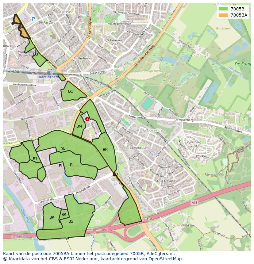 Afbeelding van het postcodegebied 7005 BA op de kaart.