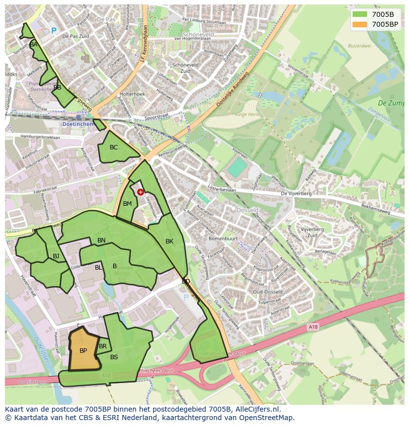 Afbeelding van het postcodegebied 7005 BP op de kaart.