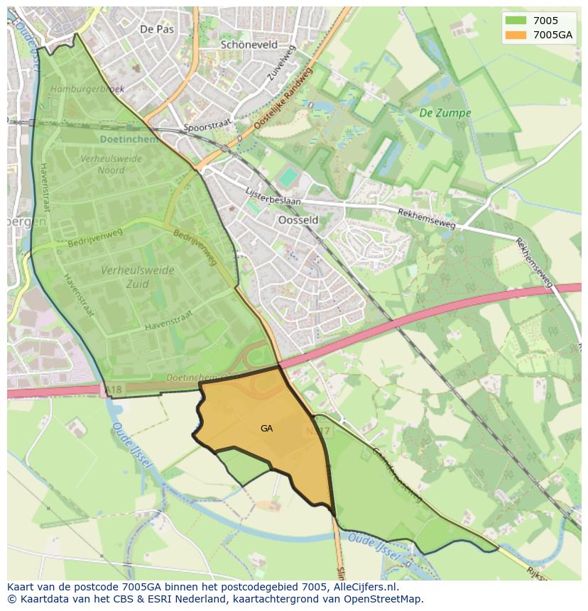 Afbeelding van het postcodegebied 7005 GA op de kaart.