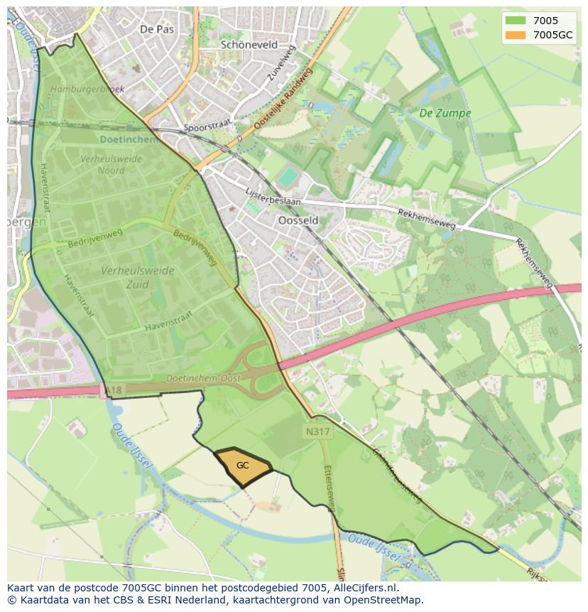 Afbeelding van het postcodegebied 7005 GC op de kaart.