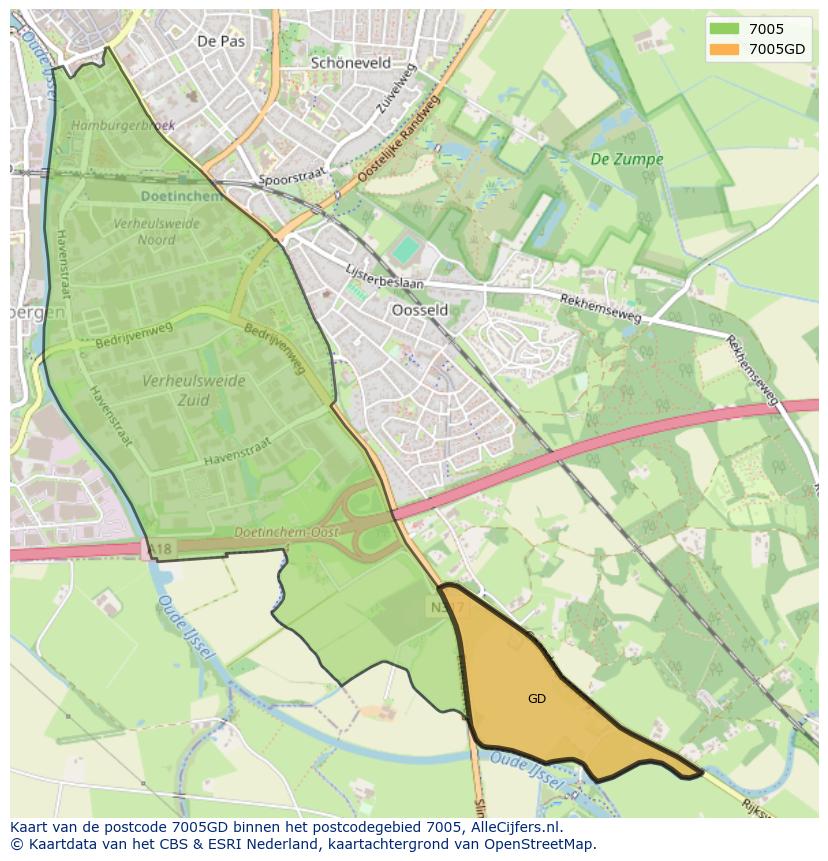 Afbeelding van het postcodegebied 7005 GD op de kaart.