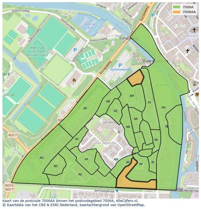 Afbeelding van het postcodegebied 7006 AA op de kaart.