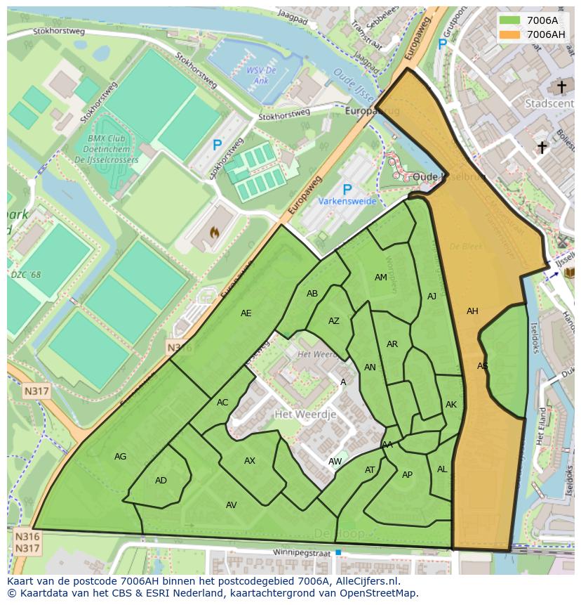 Afbeelding van het postcodegebied 7006 AH op de kaart.