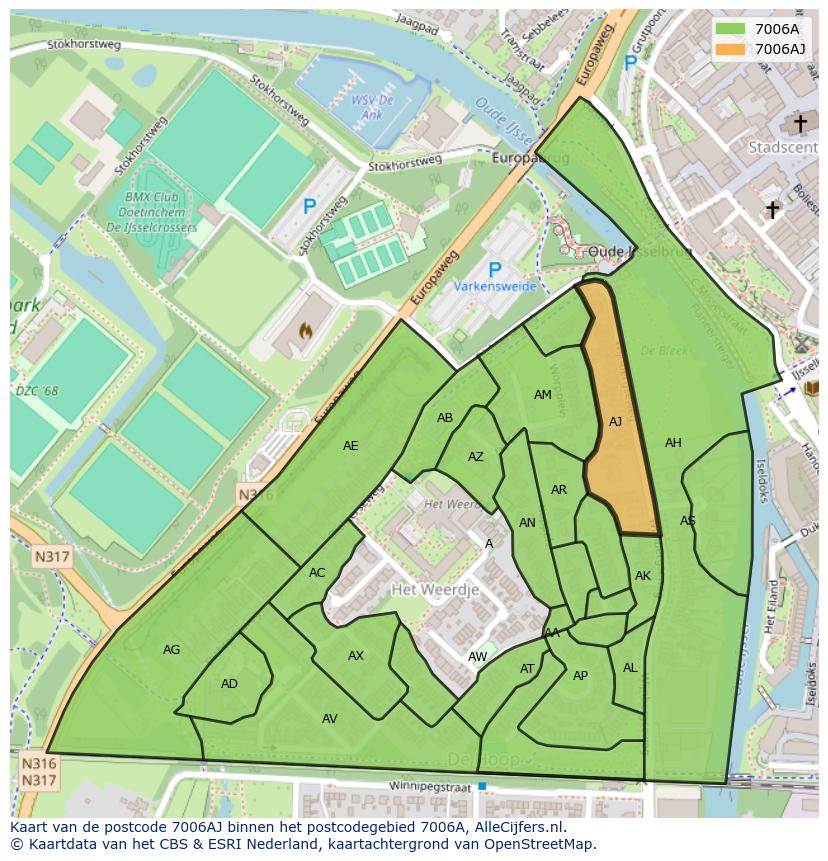 Afbeelding van het postcodegebied 7006 AJ op de kaart.