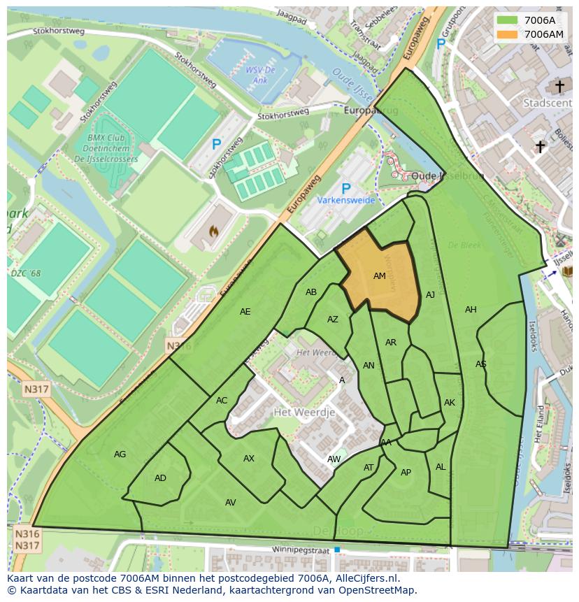 Afbeelding van het postcodegebied 7006 AM op de kaart.