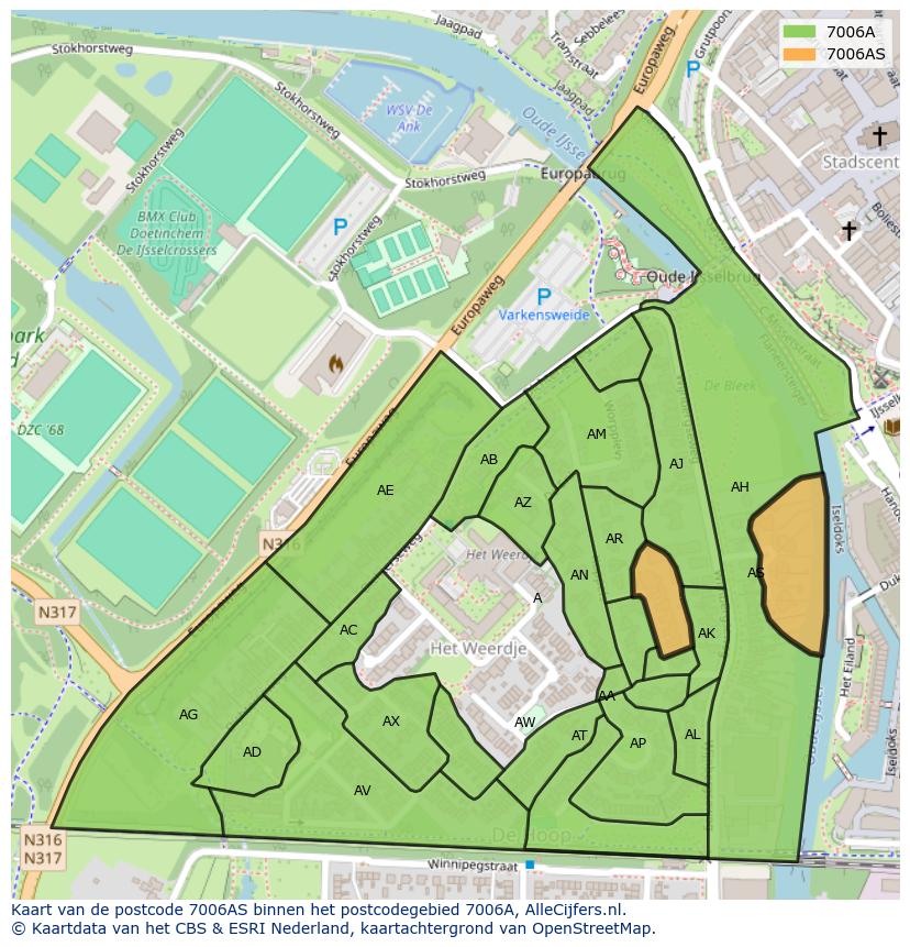 Afbeelding van het postcodegebied 7006 AS op de kaart.