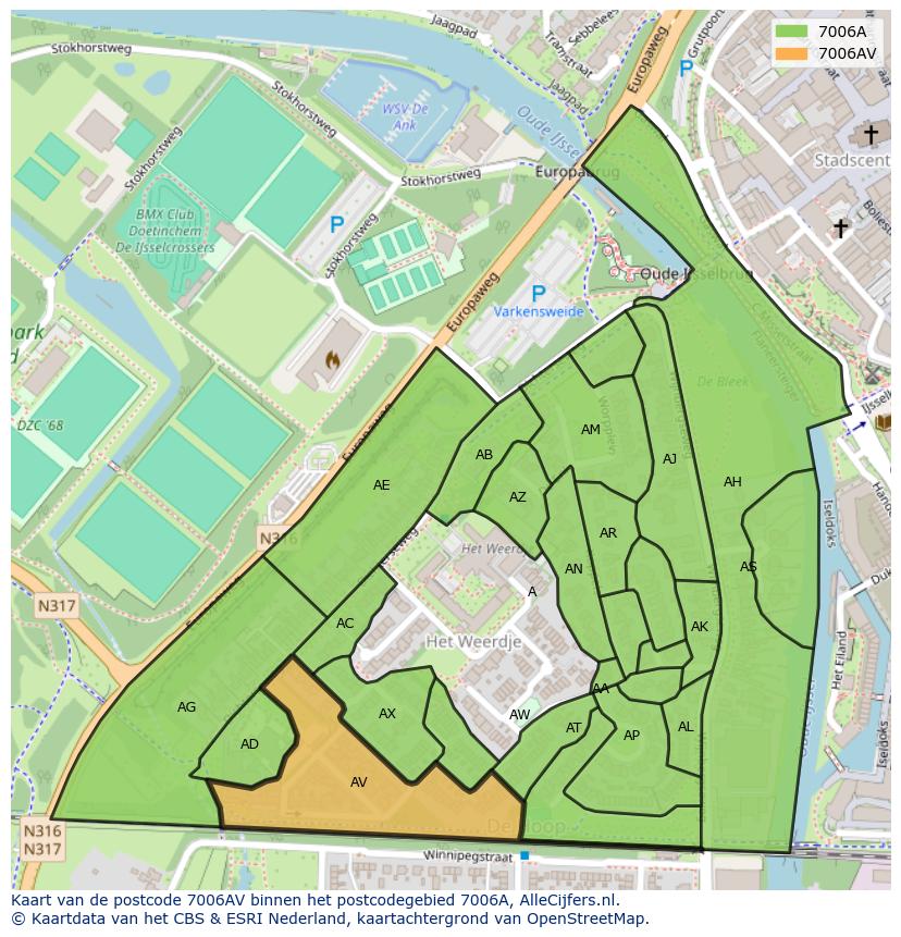 Afbeelding van het postcodegebied 7006 AV op de kaart.