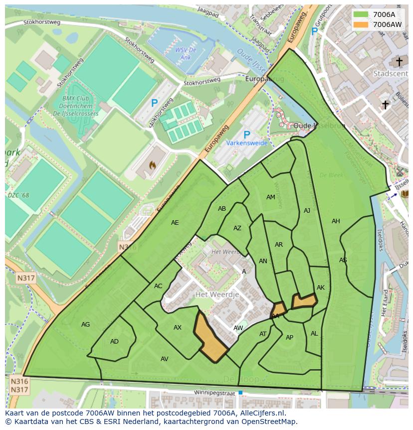 Afbeelding van het postcodegebied 7006 AW op de kaart.