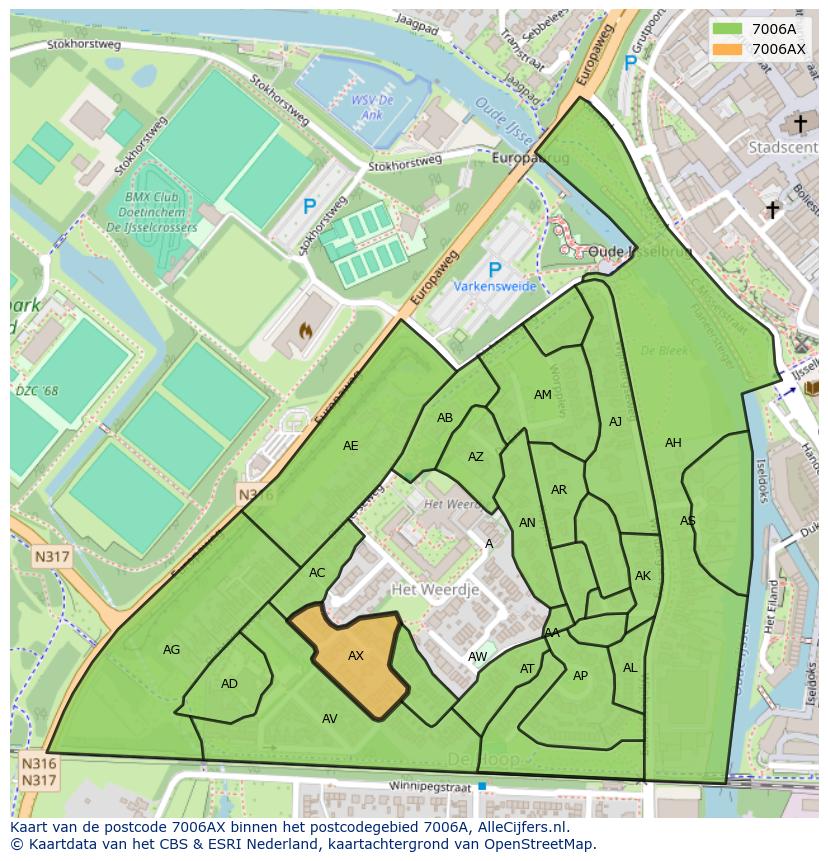 Afbeelding van het postcodegebied 7006 AX op de kaart.