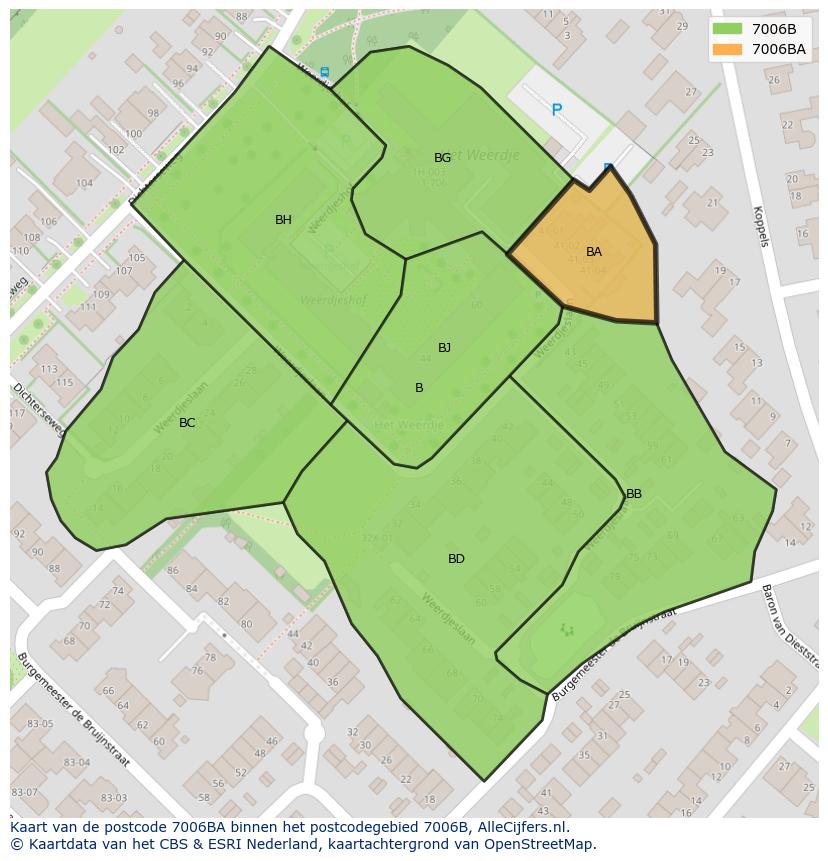 Afbeelding van het postcodegebied 7006 BA op de kaart.