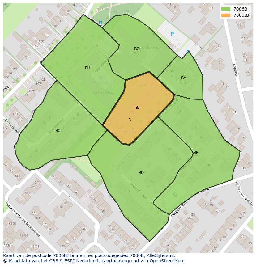 Afbeelding van het postcodegebied 7006 BJ op de kaart.