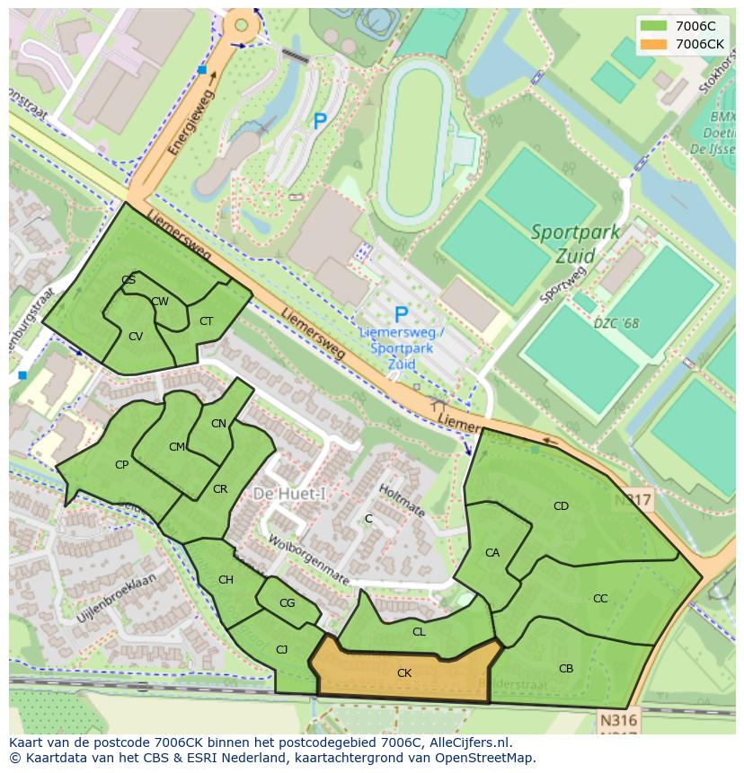 Afbeelding van het postcodegebied 7006 CK op de kaart.