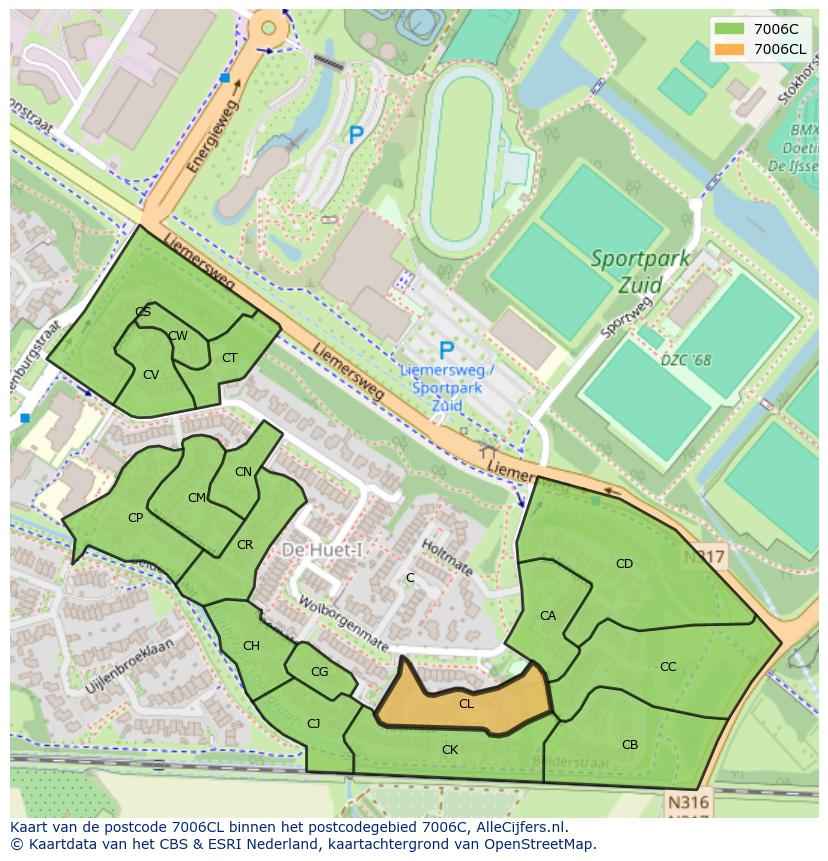 Afbeelding van het postcodegebied 7006 CL op de kaart.