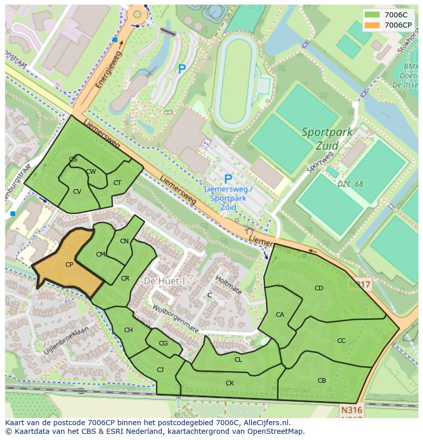 Afbeelding van het postcodegebied 7006 CP op de kaart.