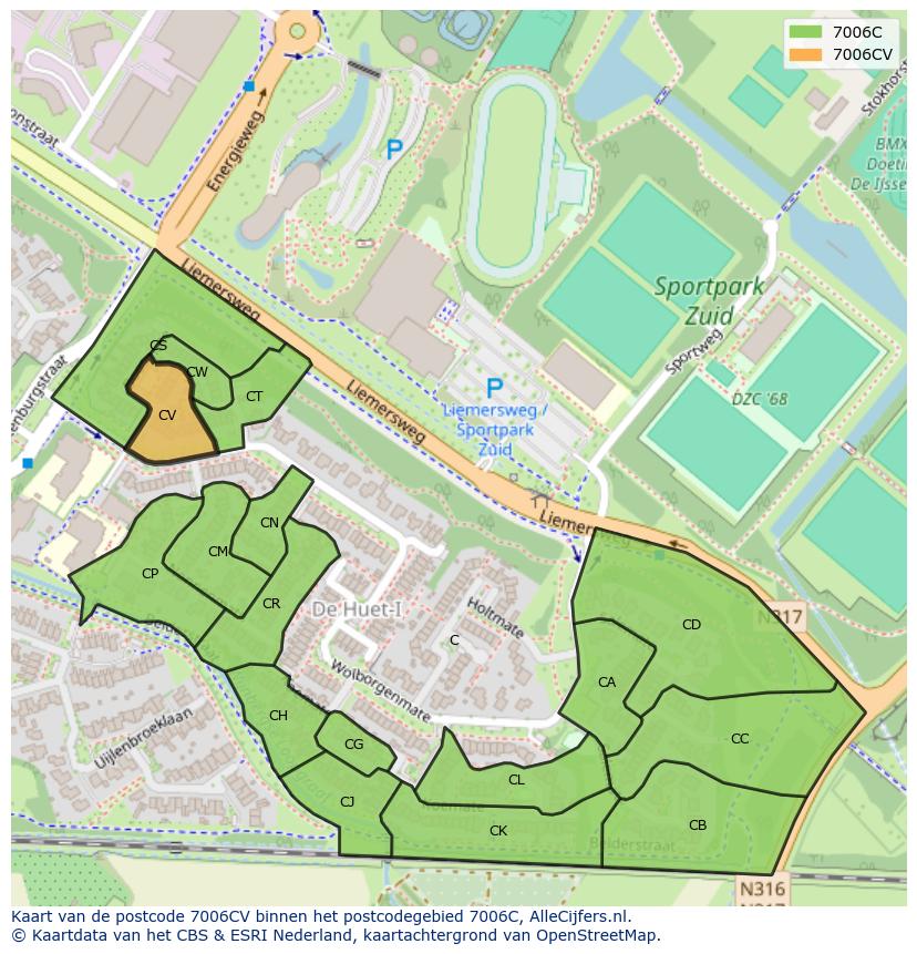 Afbeelding van het postcodegebied 7006 CV op de kaart.