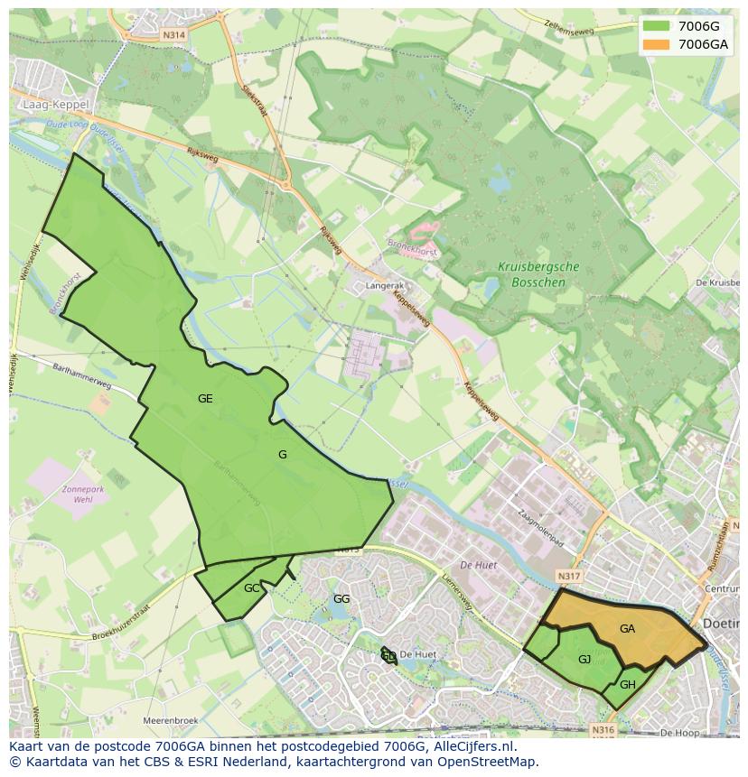 Afbeelding van het postcodegebied 7006 GA op de kaart.