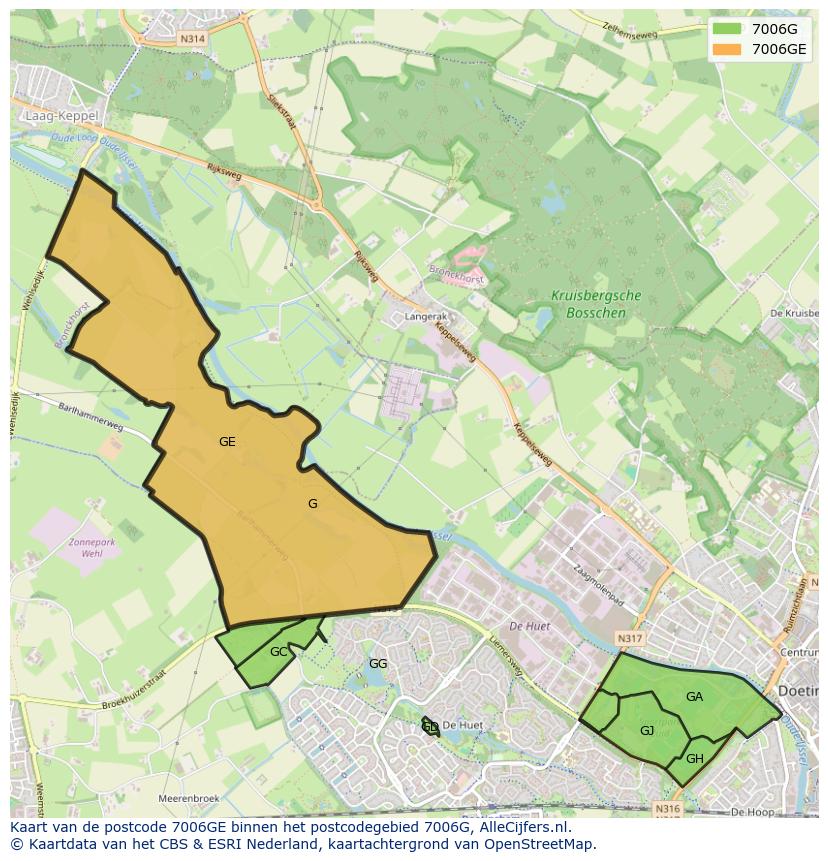 Afbeelding van het postcodegebied 7006 GE op de kaart.